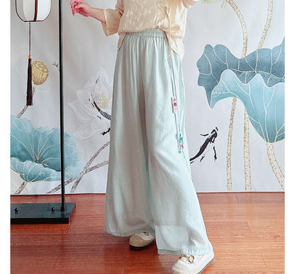 High Rise Floral Embroidered Wide Leg Pants