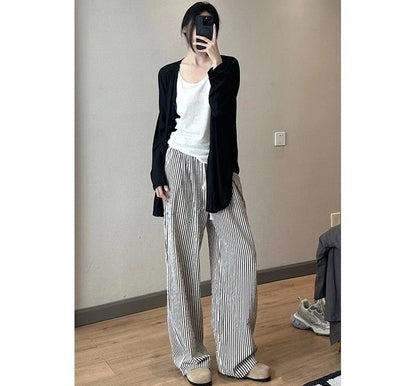 High Rise Striped Printed Wide Leg Drawstring Sweatpants