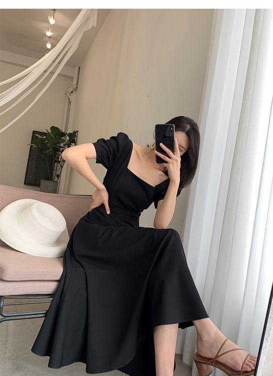 Square Dress Short-Sleeve Neck Plain A-Line Midi