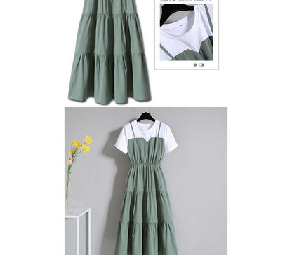 Midi Neck Tiered Short-Sleeve Dress A-Line Mock Two-Piece Crew