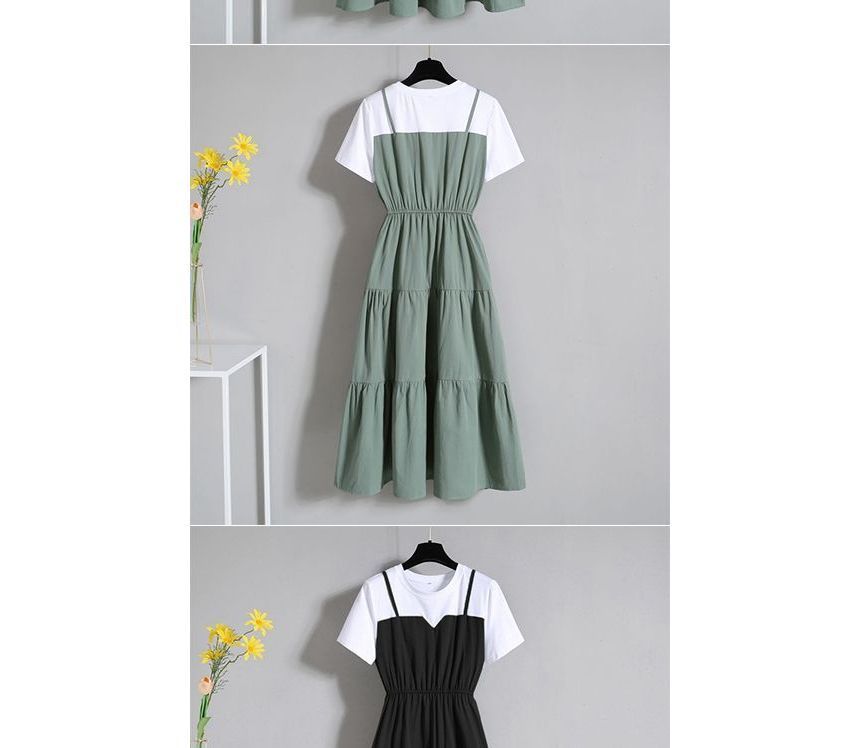 Midi Neck Tiered Short-Sleeve Dress A-Line Mock Two-Piece Crew