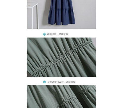 Midi Neck Tiered Short-Sleeve Dress A-Line Mock Two-Piece Crew