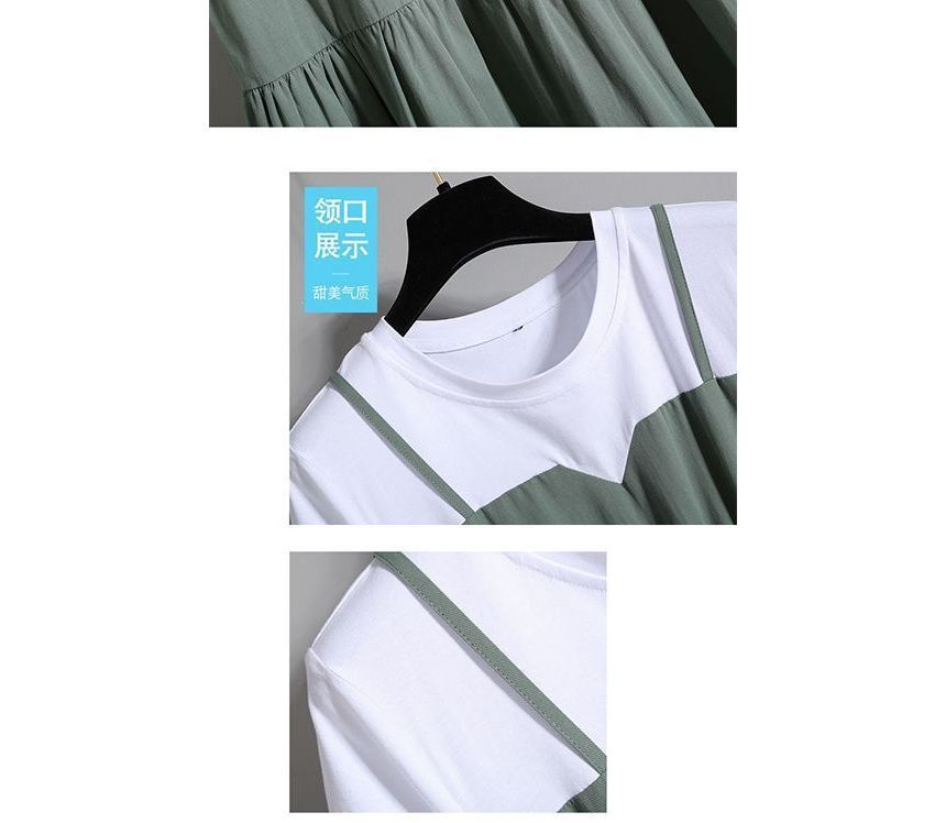 Midi Neck Tiered Short-Sleeve Dress A-Line Mock Two-Piece Crew