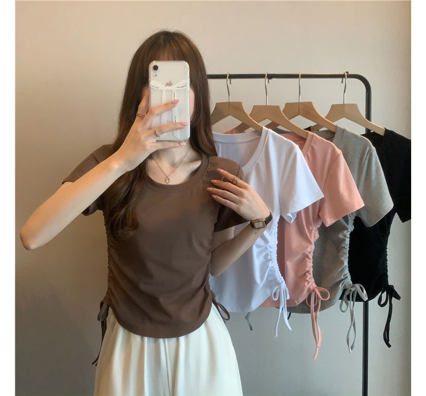 Crew Tee Neck Drawstring Short-Sleeve Plain