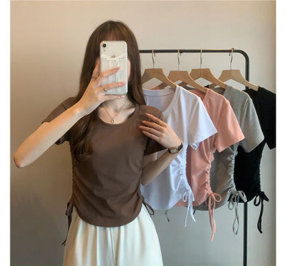 Crew Tee Neck Drawstring Short-Sleeve Plain