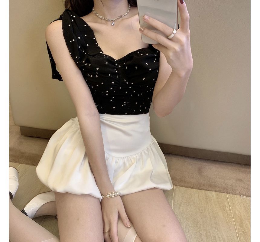 Camisole Heart Shoulder Tie Ruched Top Print