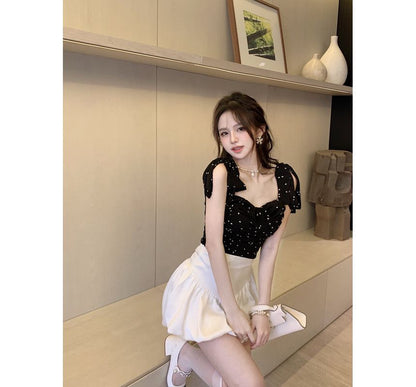 Camisole Heart Shoulder Tie Ruched Top Print