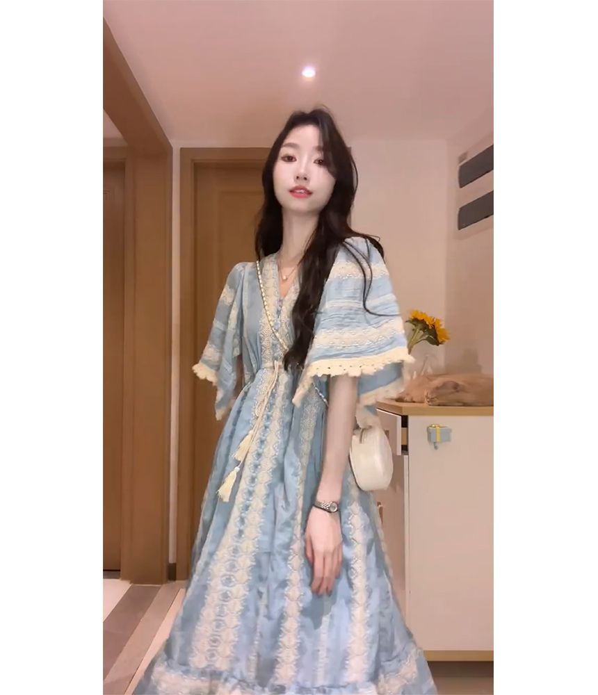 Dress Panel Elbow-Sleeve Embroidered Midi A-Line V-Neck Tassel
