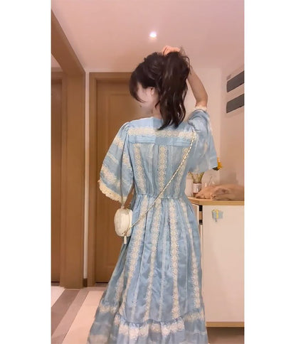 Dress Panel Elbow-Sleeve Embroidered Midi A-Line V-Neck Tassel