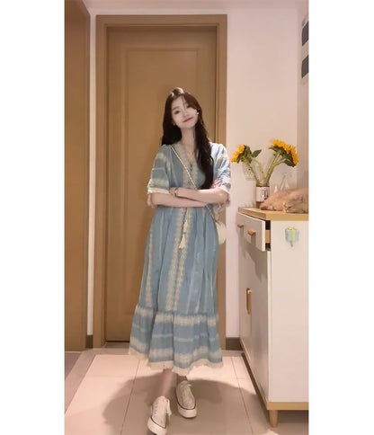 Dress Panel Elbow-Sleeve Embroidered Midi A-Line V-Neck Tassel