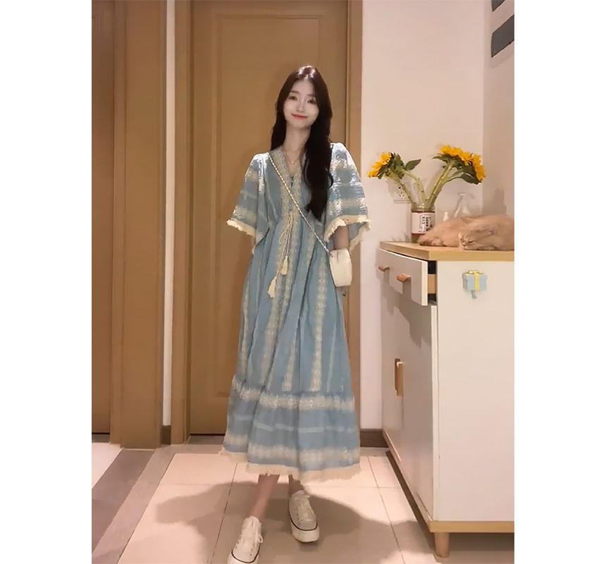 Dress Panel Elbow-Sleeve Embroidered Midi A-Line V-Neck Tassel