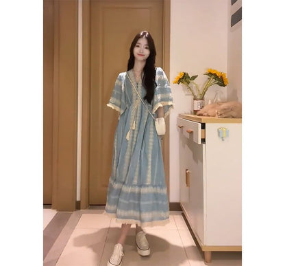 Dress Panel Elbow-Sleeve Embroidered Midi A-Line V-Neck Tassel