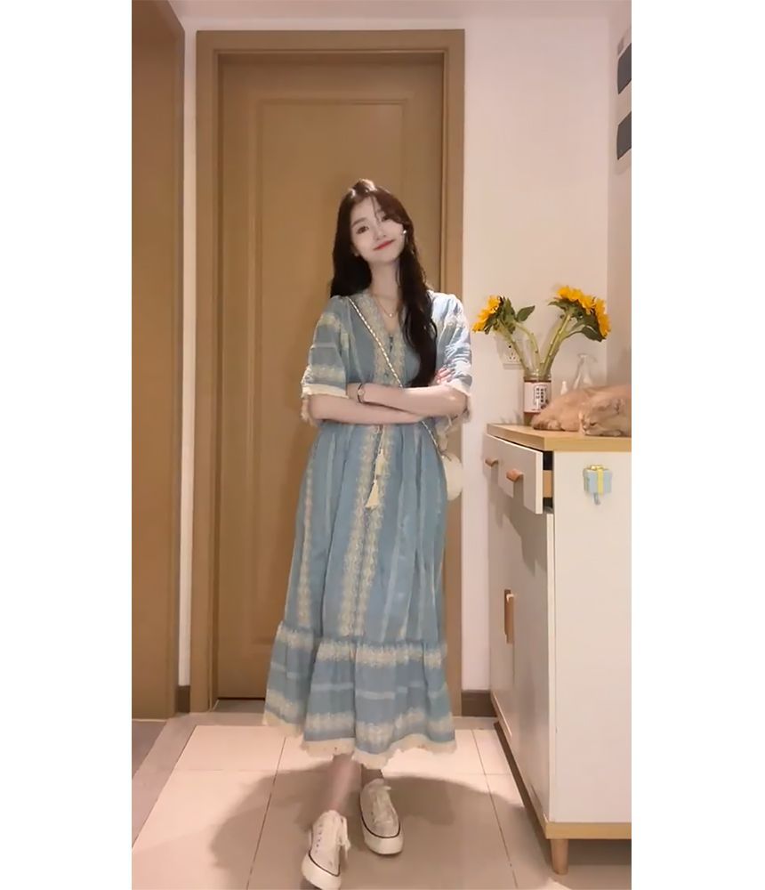 Dress Panel Elbow-Sleeve Embroidered Midi A-Line V-Neck Tassel