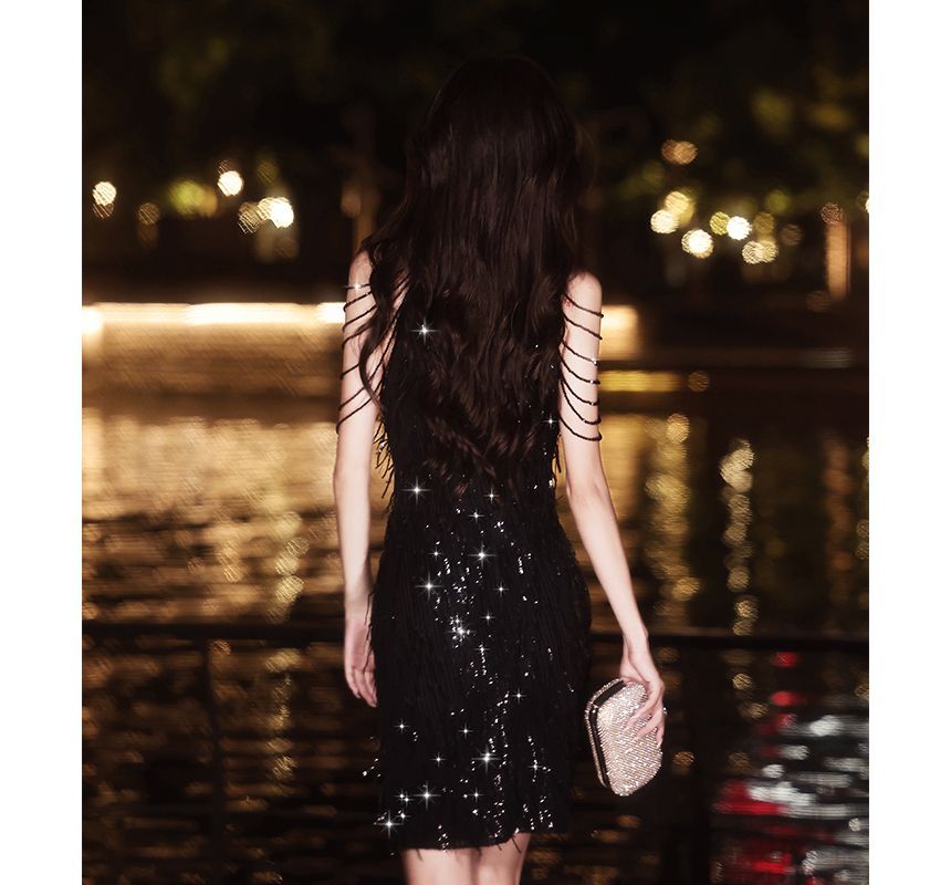 Sleeveless Sequin Mini Evening Sheath Dress