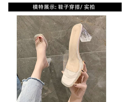 Heel Strap Square-Toe Sandals Block Slide Rhinestone PVC