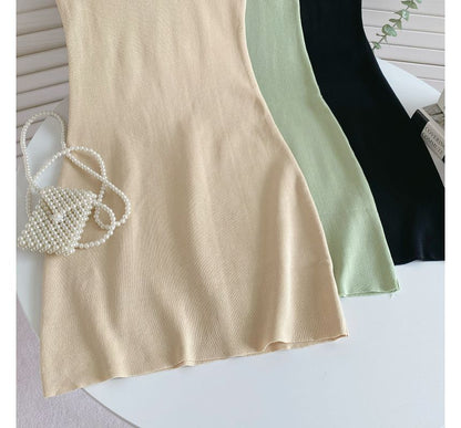 Cap-Sleeve Mock Neck Plain Knit Mini Bodycon Dress