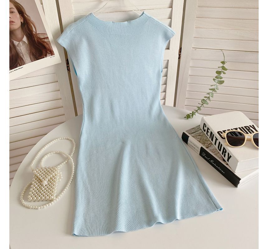 Cap-Sleeve Mock Neck Plain Knit Mini Bodycon Dress