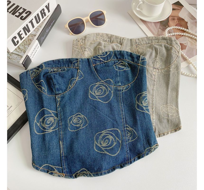 Floral Print Denim Crop Bustier Top