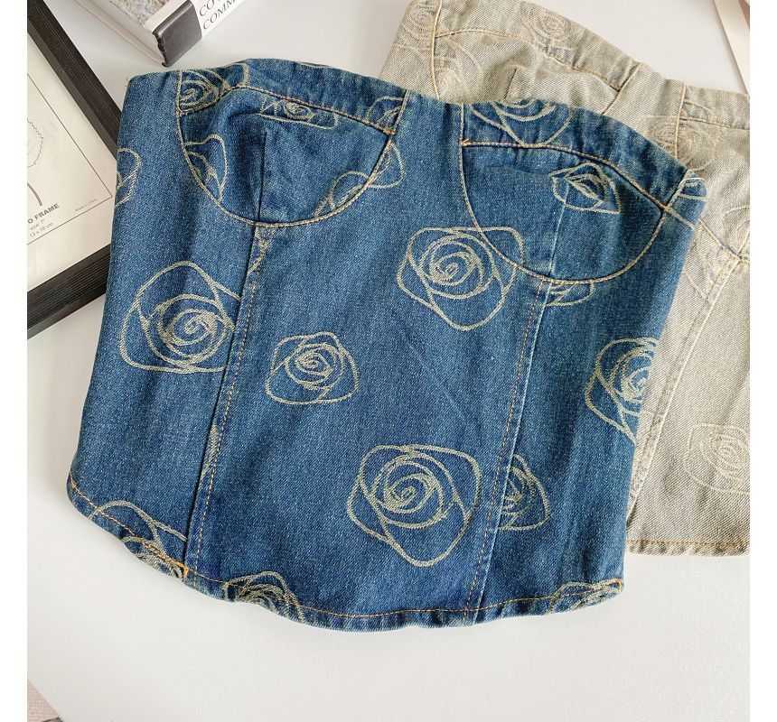 Floral Print Denim Crop Bustier Top