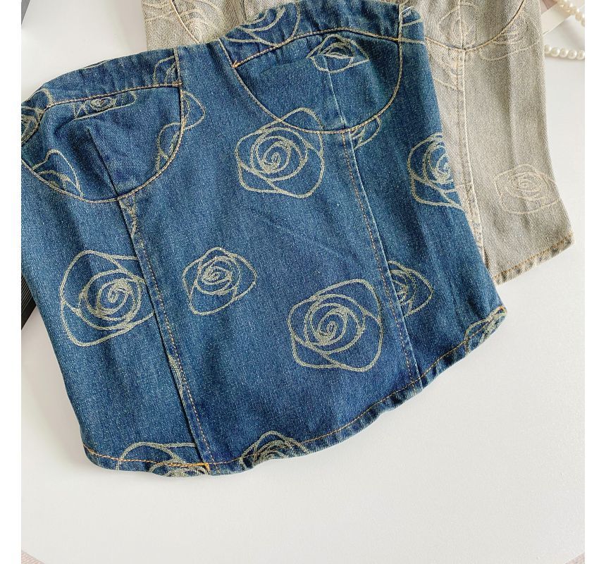 Floral Print Denim Crop Bustier Top