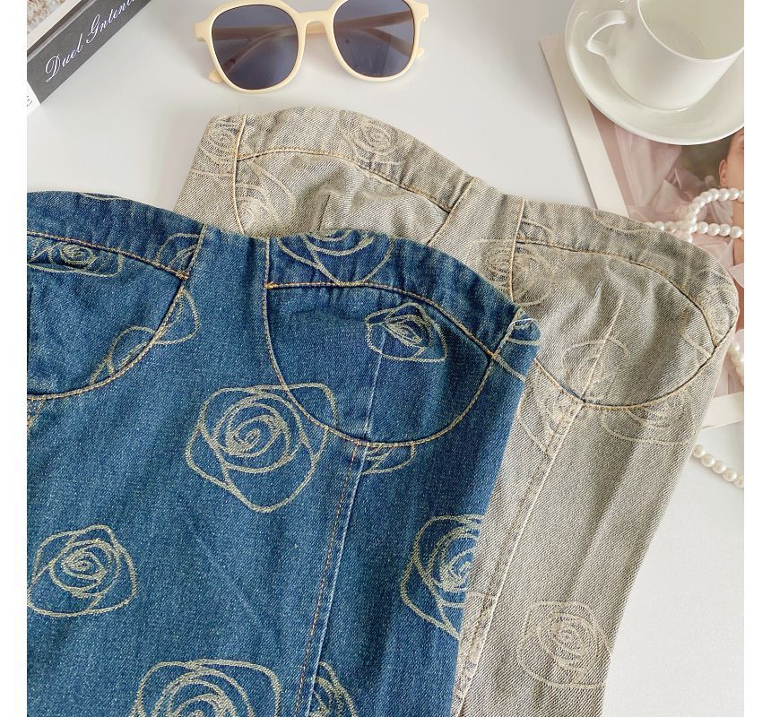 Floral Print Denim Crop Bustier Top