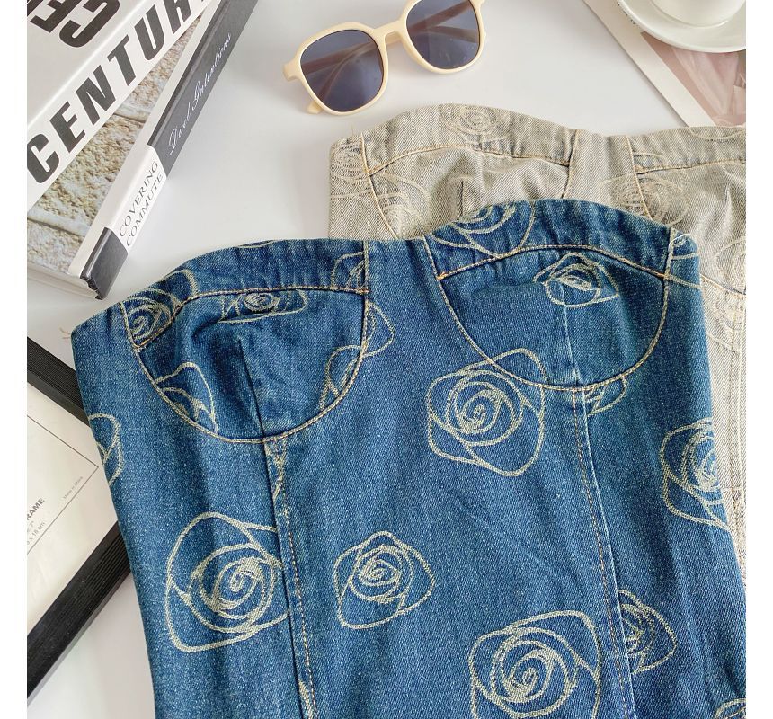 Floral Print Denim Crop Bustier Top