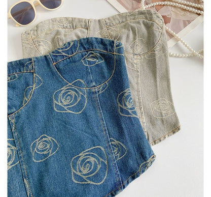 Floral Print Denim Crop Bustier Top