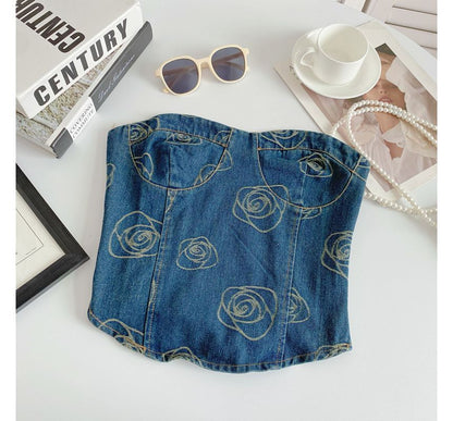 Floral Print Denim Crop Bustier Top