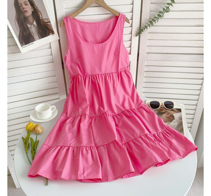 Sleeveless Scoop Neck Plain Tiered A-Line Dress