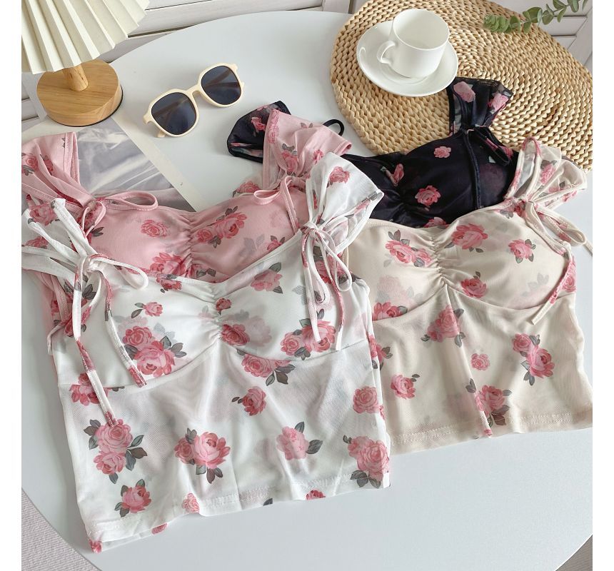 Cap-Sleeve V-Neck Floral Print Bustier Crop Top