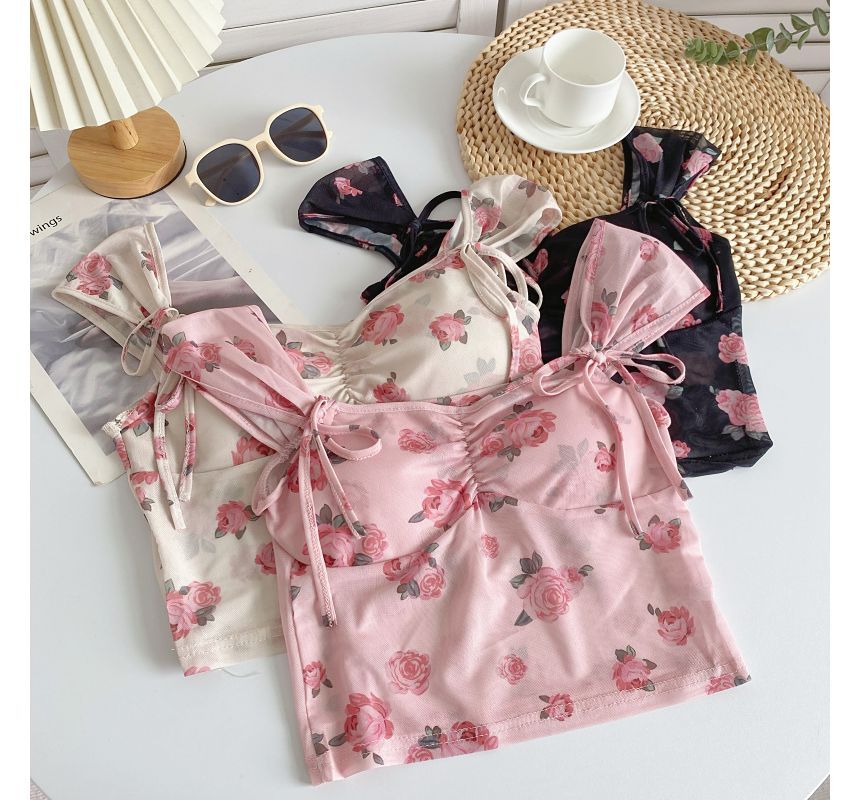 Cap-Sleeve V-Neck Floral Print Bustier Crop Top