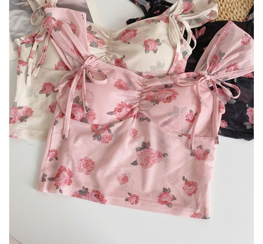 Cap-Sleeve V-Neck Floral Print Bustier Crop Top