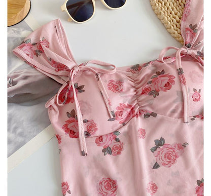 Cap-Sleeve V-Neck Floral Print Bustier Crop Top