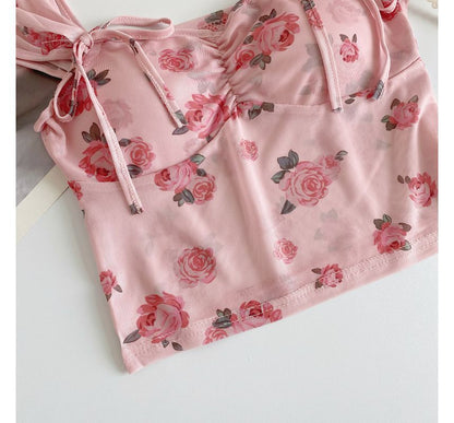 Cap-Sleeve V-Neck Floral Print Bustier Crop Top