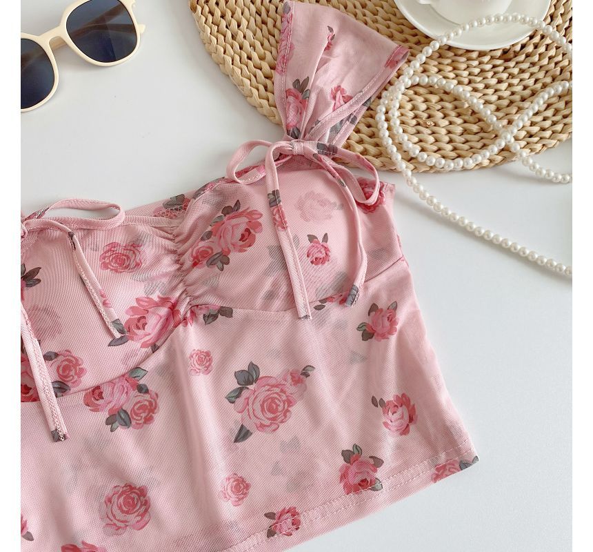 Cap-Sleeve V-Neck Floral Print Bustier Crop Top