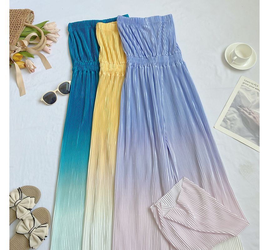 Strapless Gradient Ribbed Wide Leg Jumpsuit