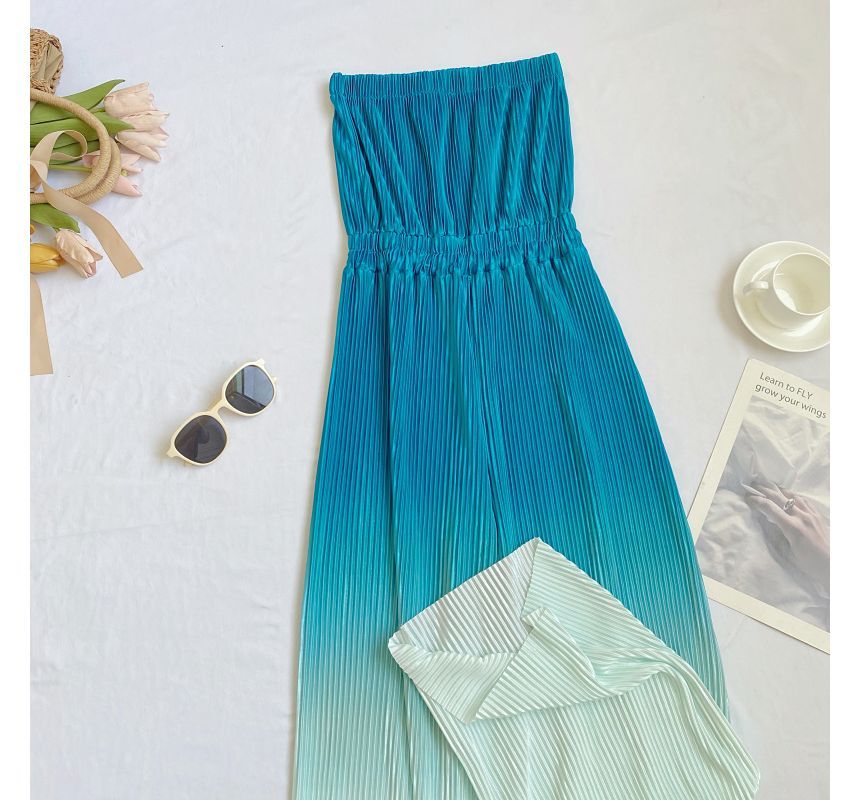 Strapless Gradient Ribbed Wide Leg Jumpsuit