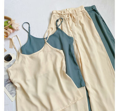 Set: Plain Camisole Top + High Waist Wide Leg Pants