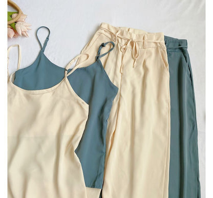 Set: Plain Camisole Top + High Waist Wide Leg Pants