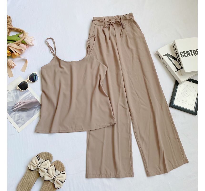 Set: Plain Camisole Top + High Waist Wide Leg Pants