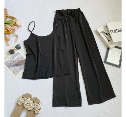 Set: Plain Camisole Top + High Waist Wide Leg Pants