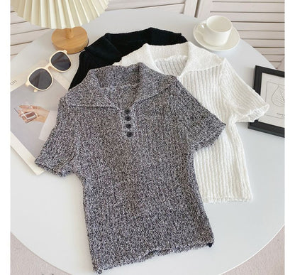 Short-Sleeve Plain Knit Polo Top