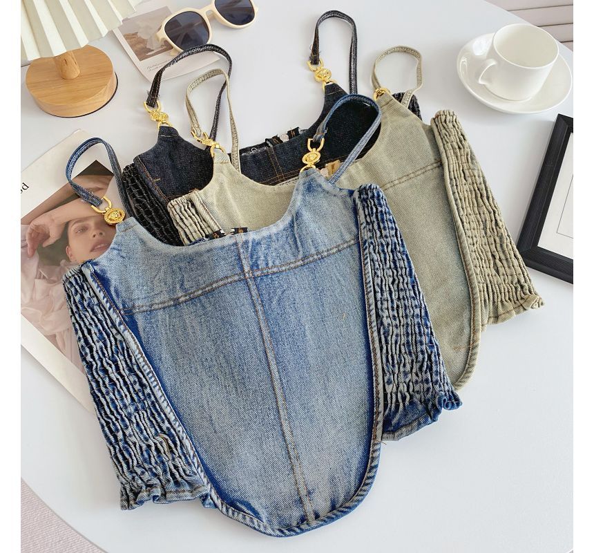 Fringed Denim Crop Cami Top