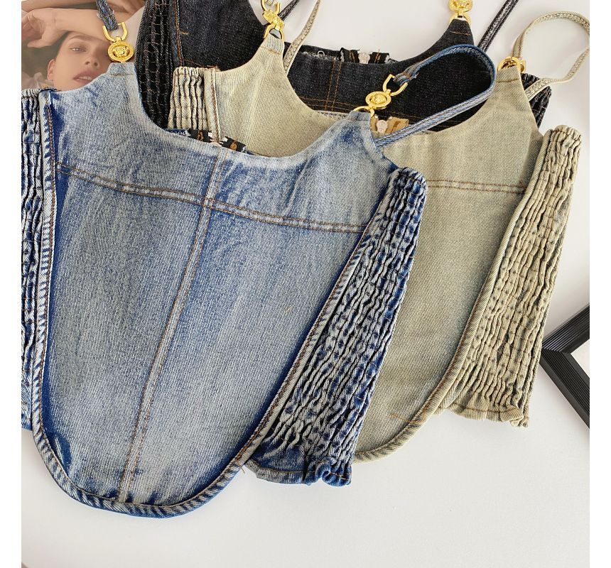 Fringed Denim Crop Cami Top