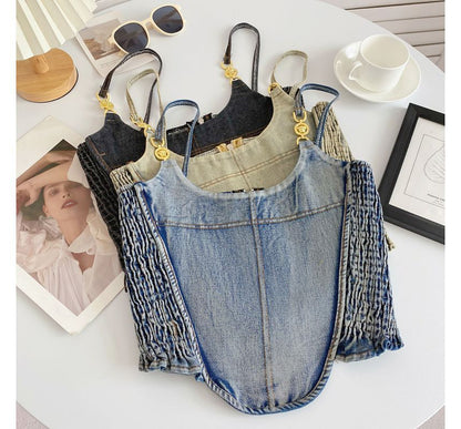 Fringed Denim Crop Cami Top