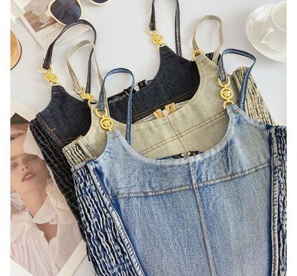 Fringed Denim Crop Cami Top