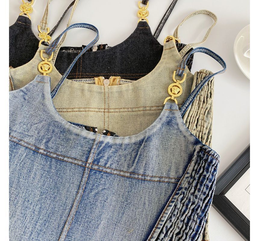 Fringed Denim Crop Cami Top