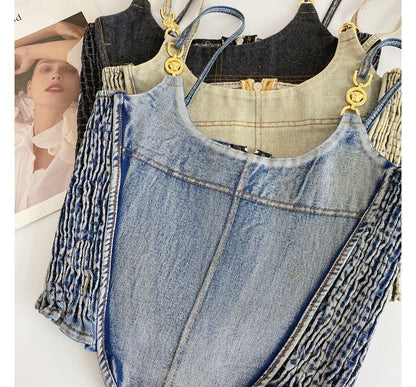 Fringed Denim Crop Cami Top