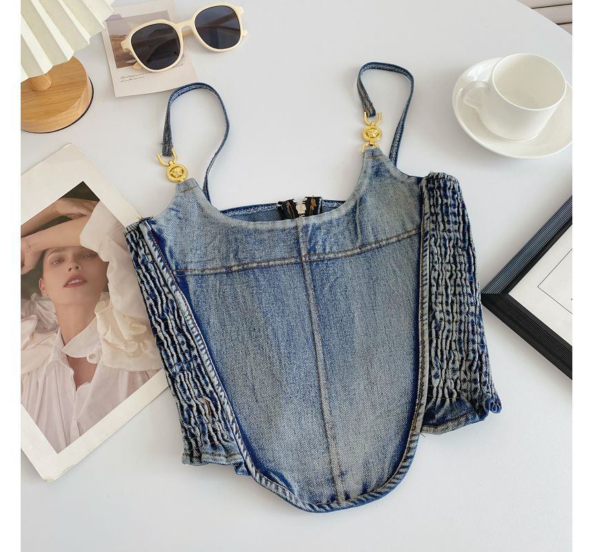 Fringed Denim Crop Cami Top