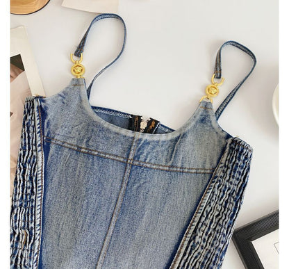 Fringed Denim Crop Cami Top